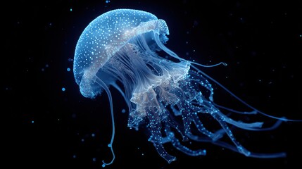 Bioluminescent jellyfish in dark ocean
