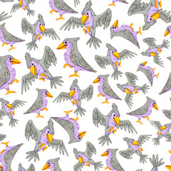 Seamless pattern with grey birds with yellow beaks and purple details on white background. Watercolor illustration animal. Suitable for children products, fantasy themes, textiles, wrapping, posters.