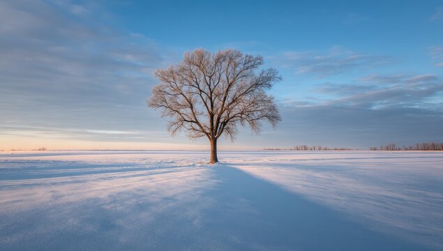 Solitary tree in a snowy field at dawn