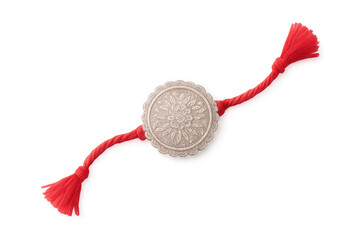 Silver medallion bearing ornate floral pattern, suspended from crimson cord with decorative tassels, resting against transparent backdrop