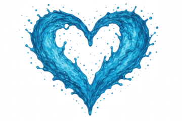 Water splash creating heart shape, symbolizing love and purity against clean white background, perfect for romantic design concepts