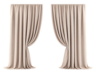 Two beige/light brown curtains, draped open,  against a solid black background.  Fabric appears smooth and substantial