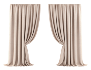 Two beige/light brown curtains, draped open,  against a solid black background.  Fabric appears smooth and substantial