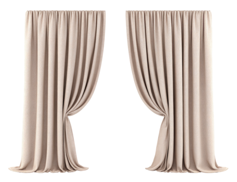 Two beige/light brown curtains, draped open,  against a solid black background.  Fabric appears smooth and substantial