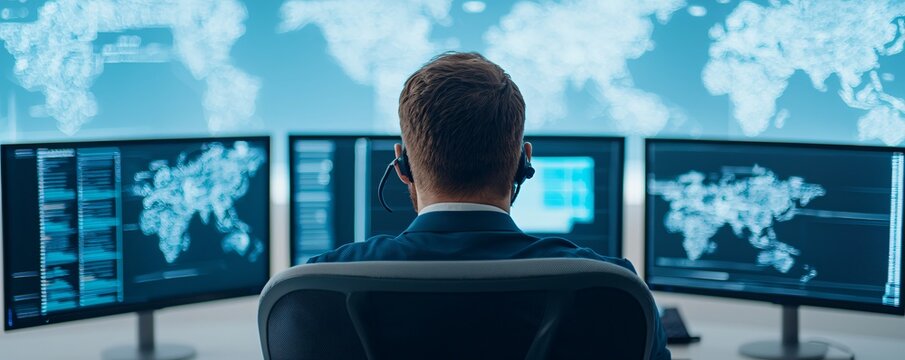 Cybersecurity analyst monitoring multiple screens with threat detection dashboard.