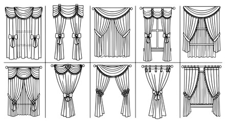 Vector art of set of black and white line drawings of various curtain styles and window treatments