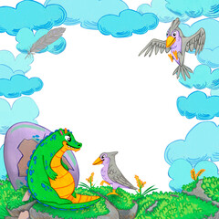 Frame with blue clouds, green dragon, grey birds, purple egg and grass on stones. Watercolor illustration. Suitable for fantasy themes, postcards, posters, invitations, stickers and decorative design.