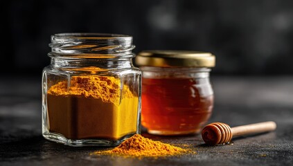 Two glass jars, one filled with turmeric powder, the other with honey, sit on a dark surface.  A wooden honey dipper rests beside the honey jar