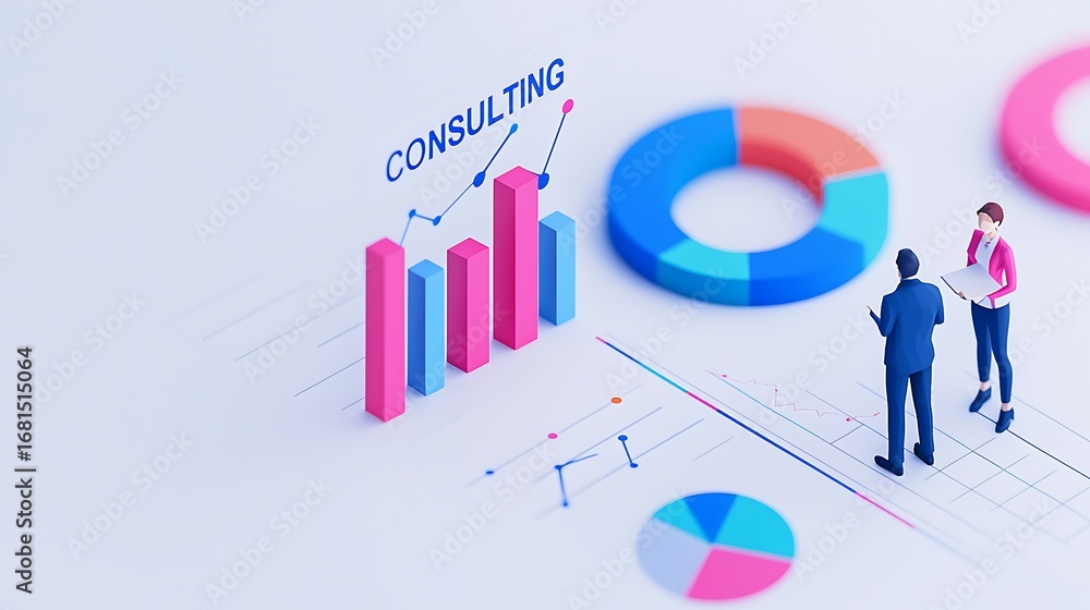 Poster a modern consulting scene featuring bar graphs, pie charts, and two professionals discussing data in