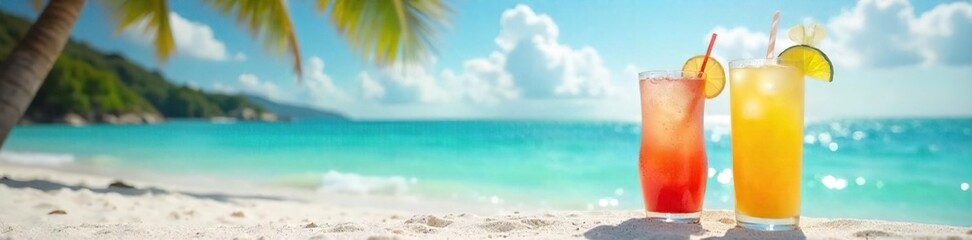 Relaxing beach scene with vibrant cocktails in the foreground, sun shining on turquoise water and white sand Perfect for summer vacation, travel, and tropical themes , lime, getaway, warmth