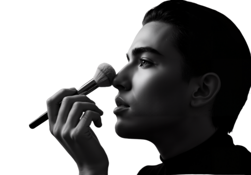 Monochromatic Portrait Man Applying Makeup with Brush