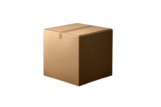 Brown cardboard box sealed with tape transparent PNG isolated background