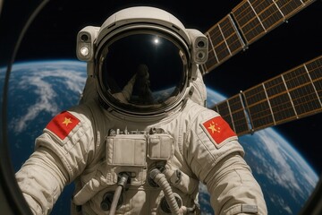 Striking illustration of a Chinese astronaut in a detailed spacesuit performing a spacewalk high above Earth, highlighting global space exploration and scientific ambition.