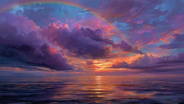 Vast ocean sunset with vibrant clouds and rainbow
