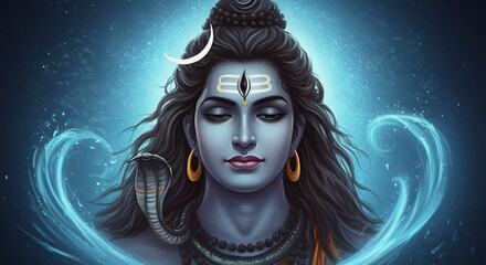 Spiritual Figure With Dark Hair and Crescent Moon on Blue Background