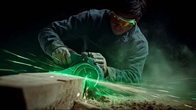 AI Empowered Micro Jobs: Man Uses Advanced Glowing Circular Saw for Precision Wood Cutting