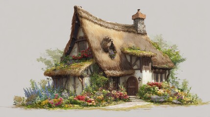 Charming thatched cottage with vibrant flowers