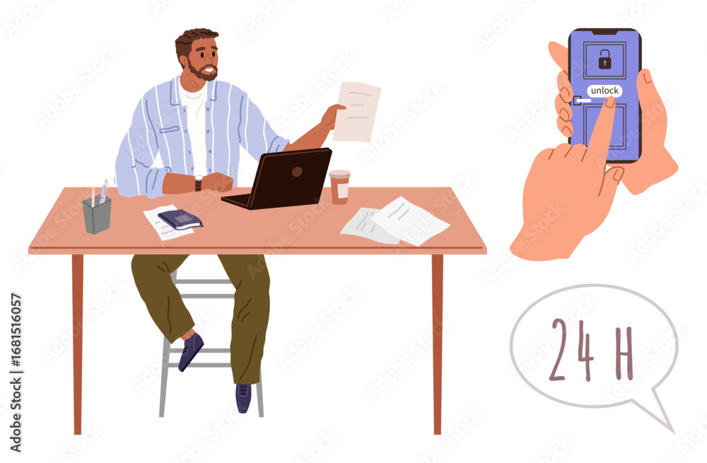 Aufkleber man multitasking at desk with laptop, documents, coffee hand unlocking smartphone with secure method