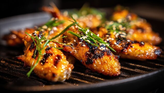 Close-up of grilled chicken wings. Golden-brown wings with a crispy texture, seasoned with a sweet and savory glaze, are arranged on a dark grill pan. Garnished with sesame seeds and green onions - Powered by Adobe