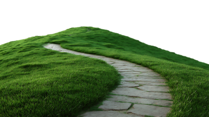 Curving stone pathway through lush green grassy hill isolated on white background. 