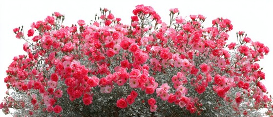 Obraz premium Abundant pink rose bush on white background close up view showcasing vibrant petals and delicate blooms in natural light garden setting