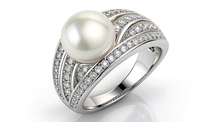 Elegant pearl and diamond accented ring crafted in white metal