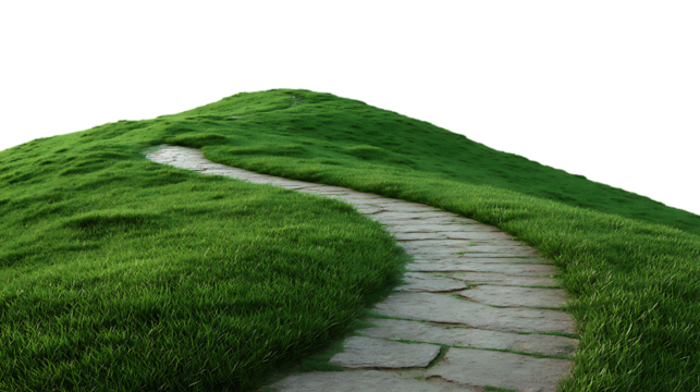 Curving stone pathway through lush green grassy hill isolated on white background. 