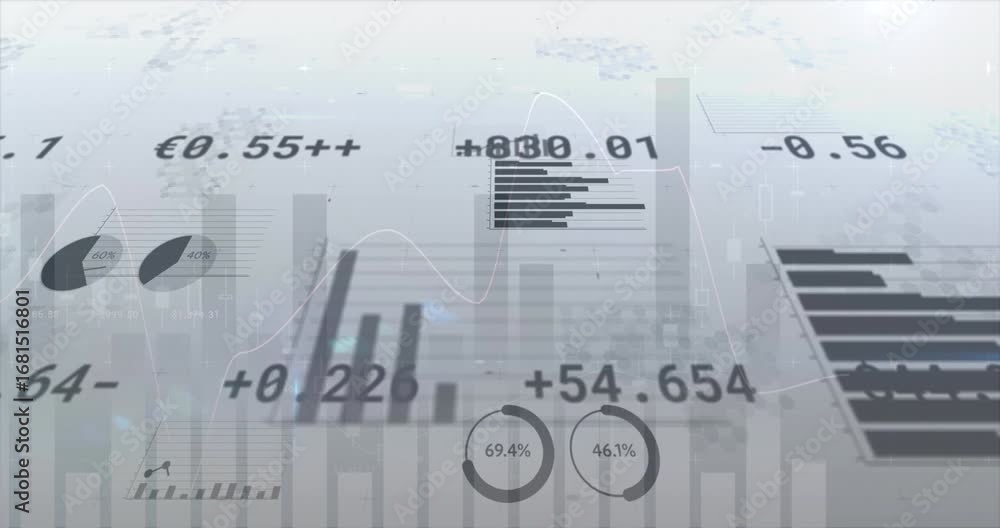 Poster animation of financial graphs and changing numbers on grey background