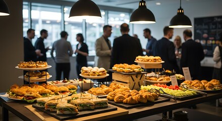 A catered event with various food items on display, and people mingling in the background, socializing.