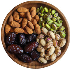 Assortment of dried fruits and nuts in a wooden bowl isolated on transparent background