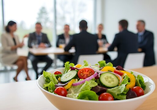 Fresh salad bowl in the foreground, business meeting in the background.