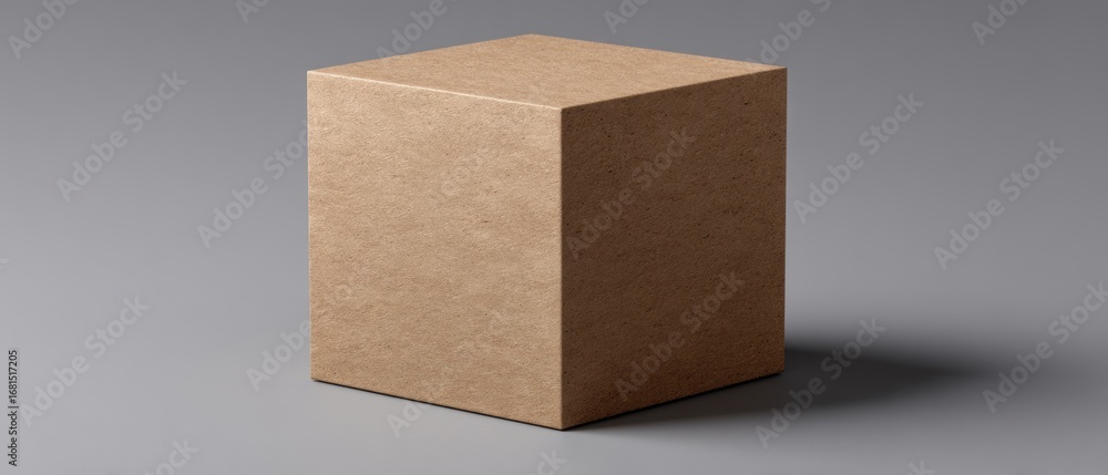 Poster Minimalist Studio Shot of Simple Brown Cardboard Box on Gray Background with Subtle Shadow for Mockup or Product Display