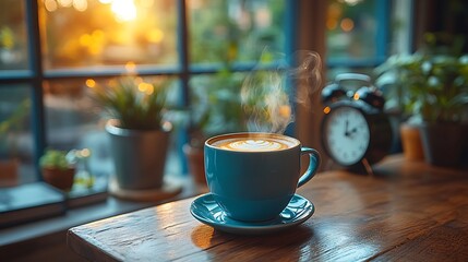 Obraz premium Latte in teal mug by window