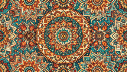 Vibrant and intricate seamless mandala pattern. A detailed ethnic background with ornamental floral and geometric motifs in warm, earthy colors