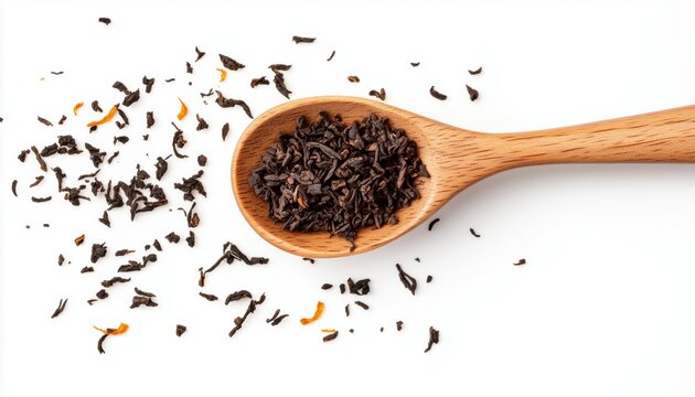 Wooden Spoon With Ceylon Bop Broken Orange Pekoe Tea On A White Background: A Rustic And Inviting Display For Tea Lovers