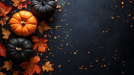 Fall pumpkins leaves autumn thanksgiving halloween black background