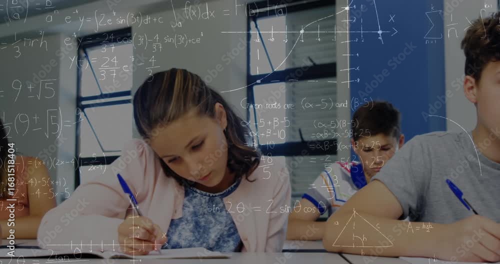 Poster animation of math formulas moving over class of diverse pupils during lessons