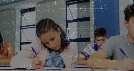 Animation of math formulas moving over class of diverse pupils during lessons - Powered by Adobe