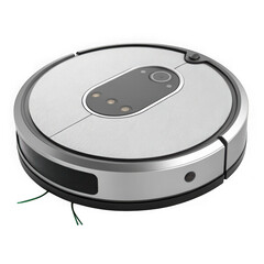 Fototapeta premium Modern round automated robotic vacuum cleaner with smart sensors for efficient home cleaning isolated on transparent background
