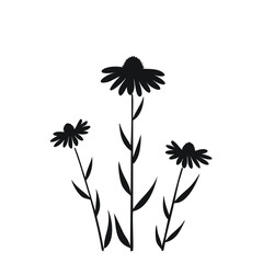 Black silhouette of three daisy flowers with stems and leaves daisies floral