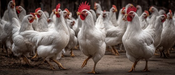 Fototapeta premium White chickens walking on dirt ground in farmyard close up view poultry farming livestock agriculture organic birds
