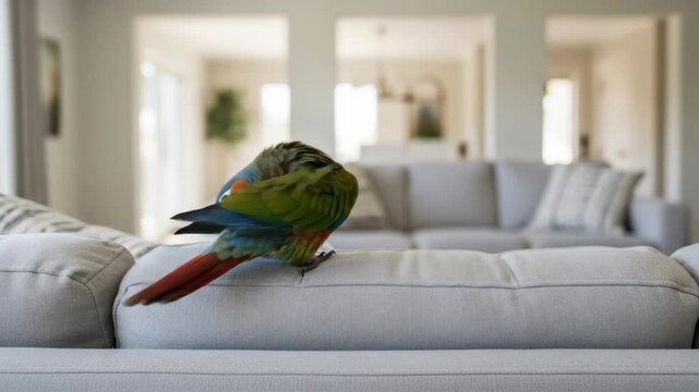 One parrot perched on a sofa, grooming feathers in a bright living room.  Couch, bird, pet, blue, feathers and grooming are featured.