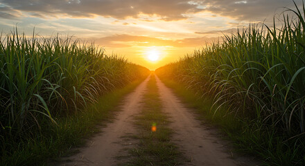 sunset on the beach, Vibrant sugarcane field at sunset, with rich green stalks lining dirt road leading towards setting sun. Warm sunlight filters through tall grass, creating dramatsu,set on the road