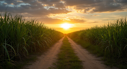 sunset on the beach, Vibrant sugarcane field at sunset, with rich green stalks lining dirt road leading towards setting sun. Warm sunlight filters through tall grass, creating dramatsu,set on the road