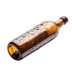 Amber glass bottle covered in water droplets isolated on transparent background
