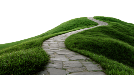 Curving stone pathway through lush green grassy hill isolated on white background. 