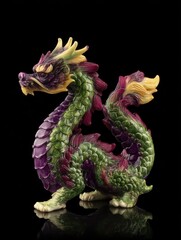 Fototapeta premium Intricate Dragon Figurine Standing Tall Studio Shot on Black Background Fantasy Art Sculpture