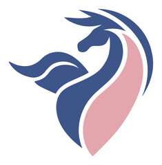 Modern abstract unicorn logo in blue and pink – sleek fantasy winged horse branding mark