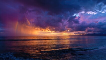 Dramatic sunset over ocean with vibrant clouds and a rainbow