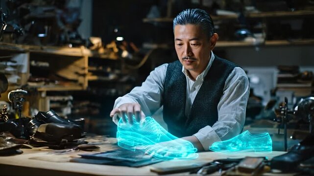 AI Empowered Micro Jobs: Master Cobbler Using Holographic AI Technology For Innovative Shoe Design And Craftsmanship